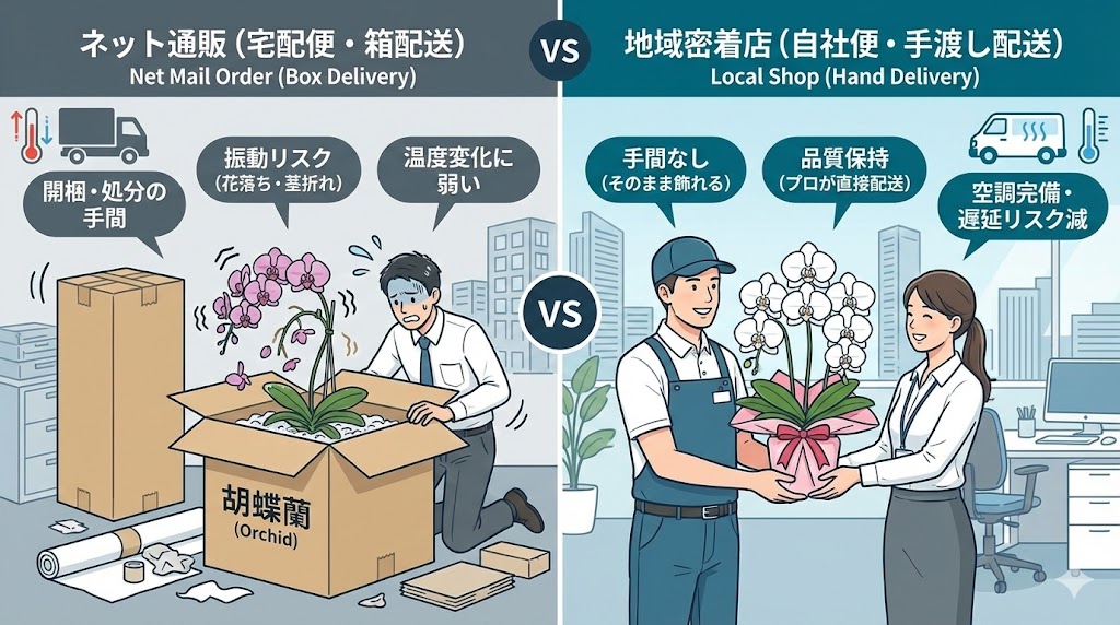 宅配便を使わない自社便の手渡し配送で、段ボールゴミが出ずにオフィスで喜ばれる胡蝶蘭の納品イメージ