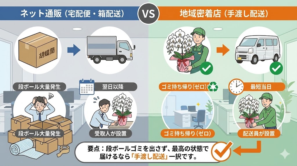 宅配便を使わない自社便の手渡し配送で、段ボールゴミが出ずにオフィスで喜ばれる胡蝶蘭の納品イメージ