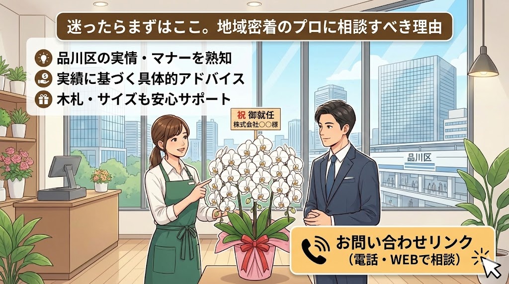 胡蝶蘭を自社便の手渡し配送、マナーや祝い花の詳細を説明しながら手配をすすめる画像イメージ。