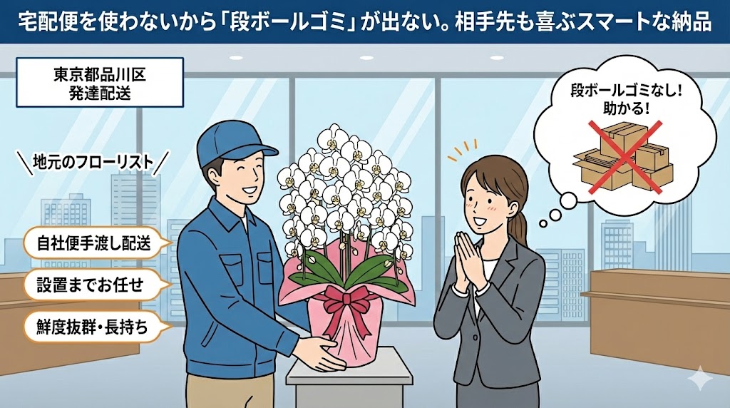 品川区のオフィスビル街へ、段ボールゴミが出ない手渡し配送で胡蝶蘭を届ける花嶋の様子