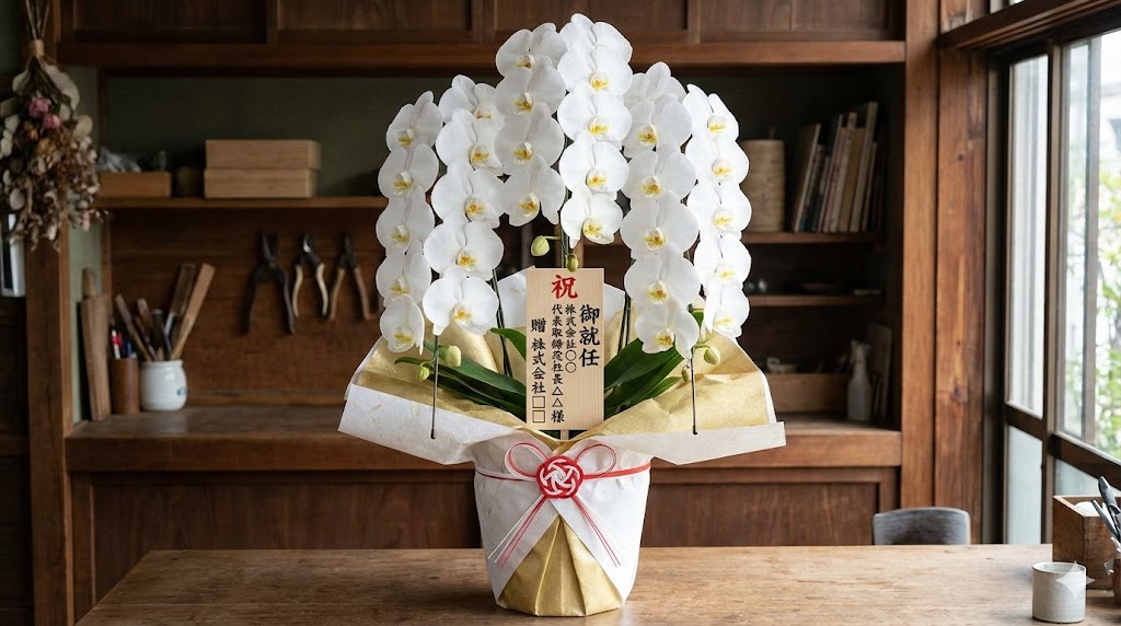 老舗の筆耕技術による美しい手書き木札（立札）が添えられた、高品質な贈答用胡蝶蘭