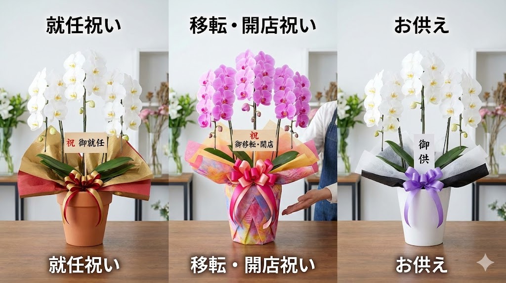 就任祝い、移転・開店祝い、お供えなど、シーンに合わせてラッピングや色を変えた用途別胡蝶蘭の例