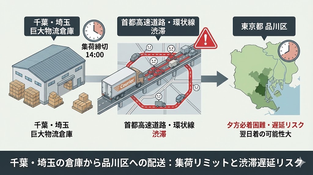 千葉・埼玉の物流倉庫からの宅配便配送における集荷締め切り時間と首都高渋滞による遅延リスクの解説図