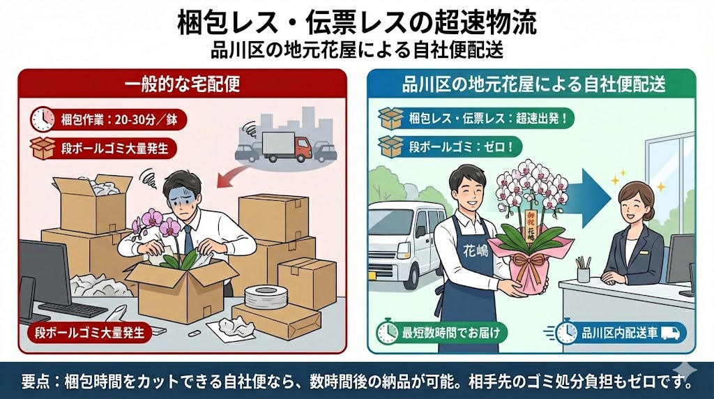 梱包不要で配送車に積み込む様子。段ボールゴミが出ない品川区内の自社便胡蝶蘭配送