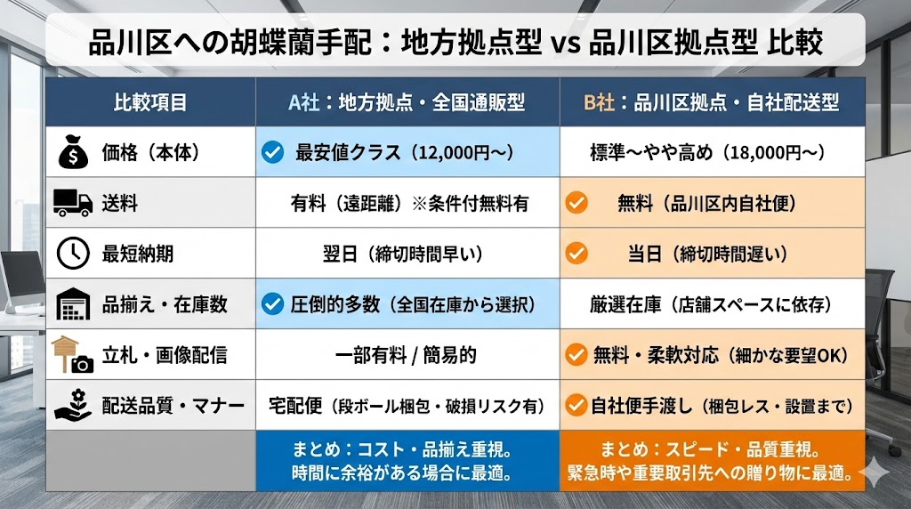 品川区のオフィスへ届けられた、鮮度が高く高品質なビジネス用途の胡蝶蘭