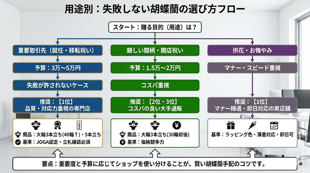 移転祝いや就任祝いなど、ビジネスの用途に合わせて選べる様々なサイズとグレードの胡蝶蘭