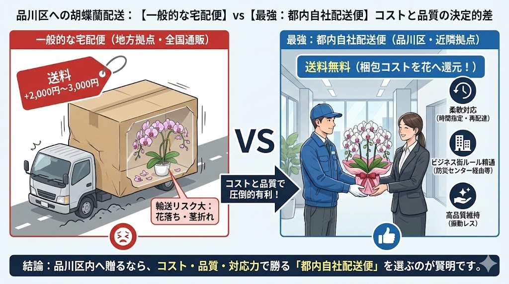 品川区内の自社配送による胡蝶蘭の丁寧な手渡し納品と、梱包レスな配送の様子