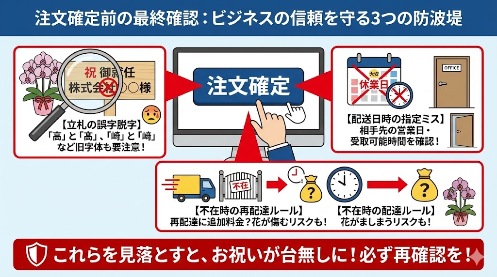 ビジネス用途の胡蝶蘭に付けられる立札（木札）のサンプルと、記載内容の確認ポイント