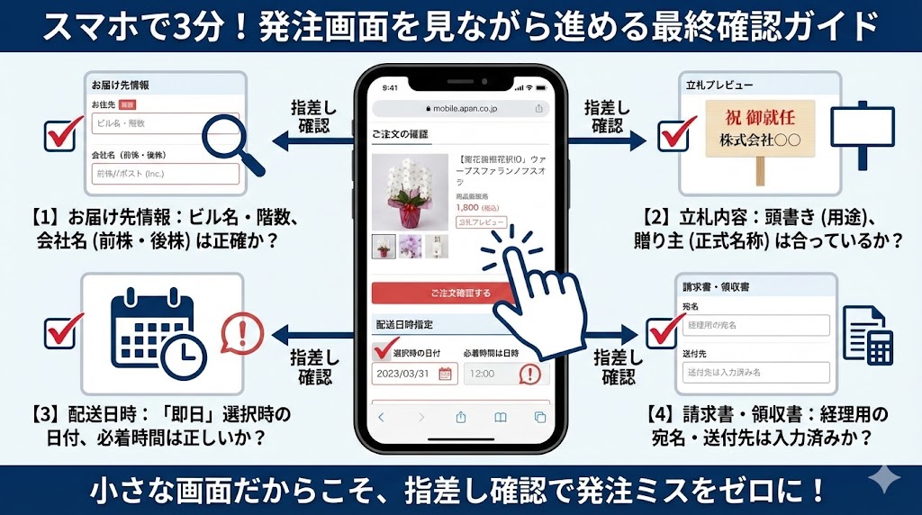 スマートフォンを使った胡蝶蘭の注文画面イメージと、発注前の最終確認ポイント