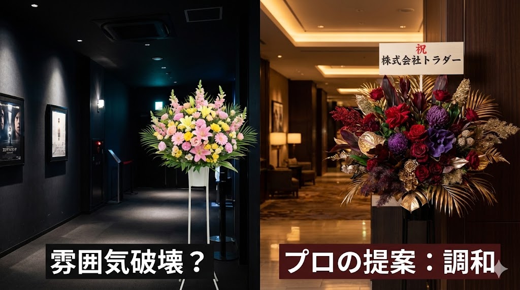 品川区広町Oimachi Tracksでのスタンド花比較事例。左は映画館の暗い照明に合わず雰囲気を壊している失敗例、右はホテルの高級な内装と照明に調和したプロの提案事例。