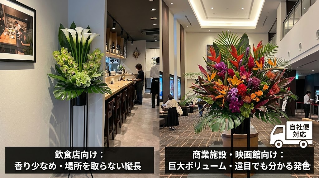 品川区広町Oimachi Tracksの業態別スタンド花事例。飲食店には場所を取らない縦長タイプ、商業施設には自社便による巨大ボリュームタイプを提案。