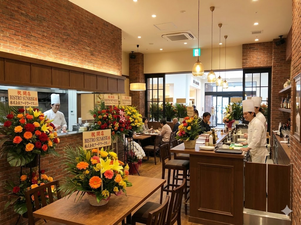 Oimachi Tracks飲食店オープンに並ぶスタンド花。内装に調和し、香りを抑えた食事の邪魔にならない花選び