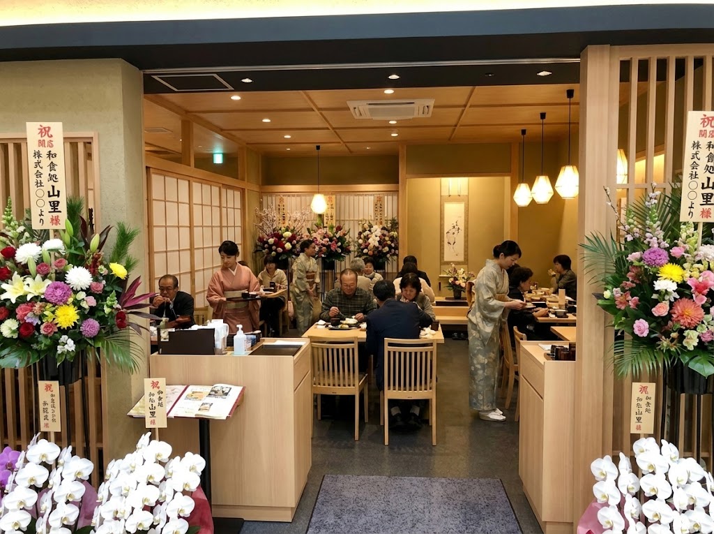 Oimachi Tracks和風飲食店の落ち着いた空間に馴染む祝い花。派手さを抑え、直線の美しさを活かしたプロのデザイン