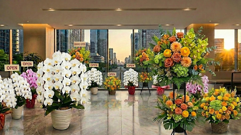 品川区のオフィスエントランスに飾られた豪華な開店祝い花｜GRAND OPENの札が並ぶ胡蝶蘭と色鮮やかなスタンド花