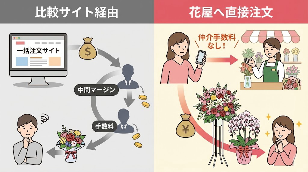 祝い花の注文ルート比較図｜比較サイト経由は中間マージンで花が小さくなるが、花屋への直接注文は手数料なしで豪華な花が届く仕組み