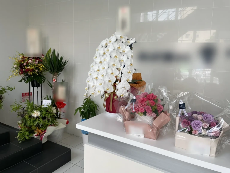胡蝶蘭 白 3本立(ハイクラス)を品川区南大井のオフィスの受付にお届けした様子(お祝い)