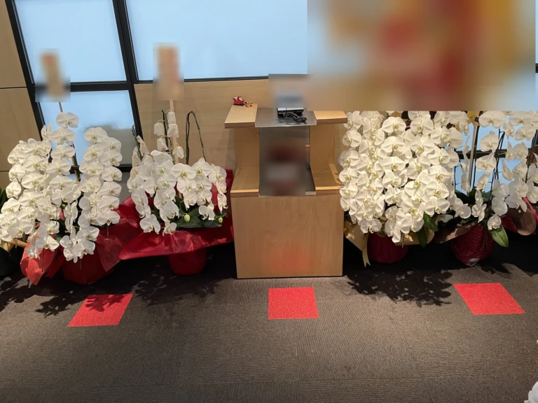 胡蝶蘭 白 3本立（ハイクラス）を港区芝大門の記念式典の会場にお届けした様子（30周年祝い）